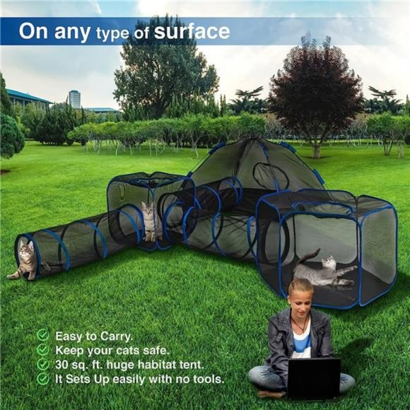6-in-1 Cat Tent w/ Tunnel for Outdoor Cat Enclosures, Portable Playpen Play Tent - Picture 4 of 6